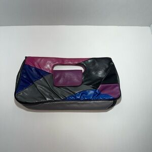 Vintage 80s Bonita Chic Multicolor Patchwork Faux Leather Women's Clutch